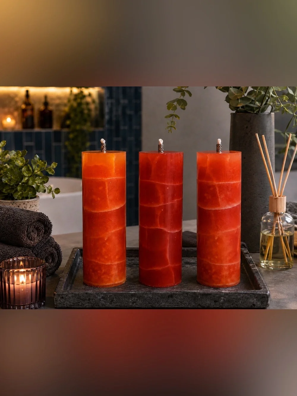 Halloween Orange Crackle Pillar Candle Set of 3 Spooky Fall Decor Gothic Autumn